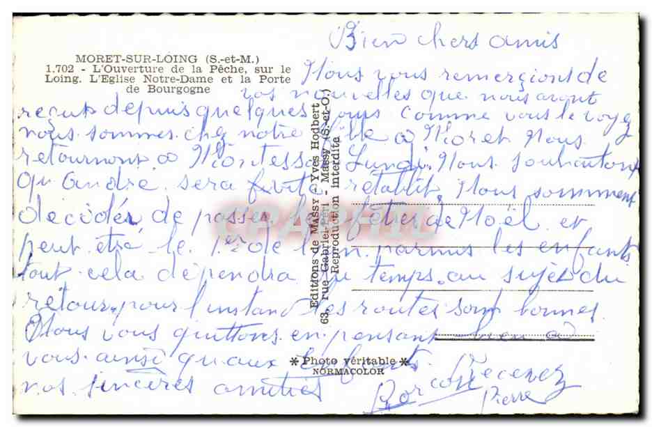 CPSM Moret sur Loing Ouverture de la peche sur le loing Eglise Notre Dame et la porte de Bourgogne — Verso