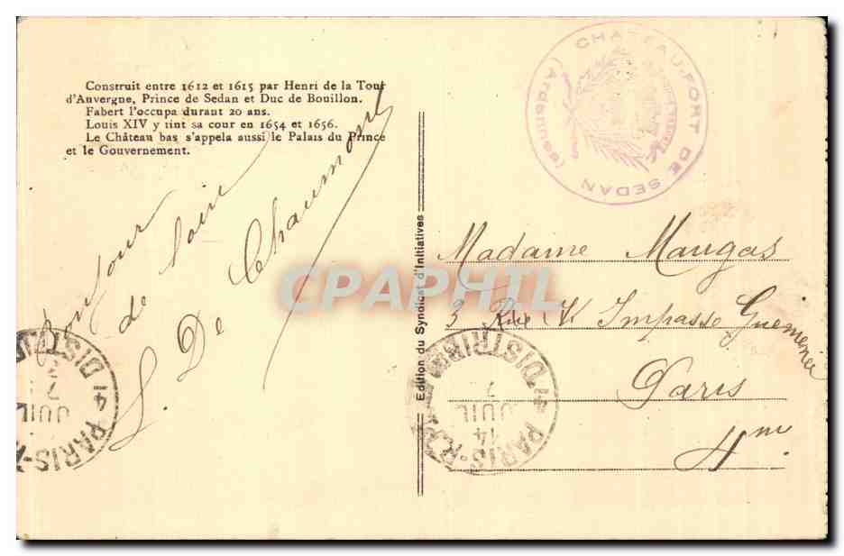 CPA Sedan Le chateau bas Palais des princes — Rückseite