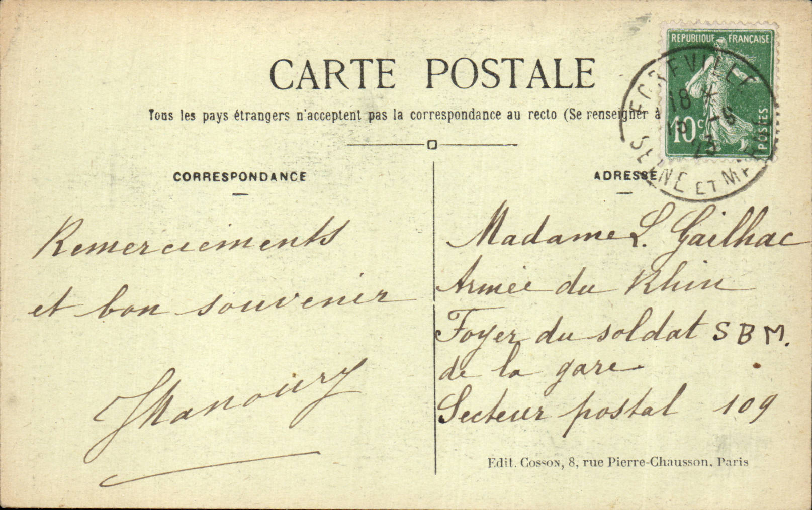 Egreville (S.-et-M.) — La Tourelle du Château de Massenet — Edit Médinger — Verso