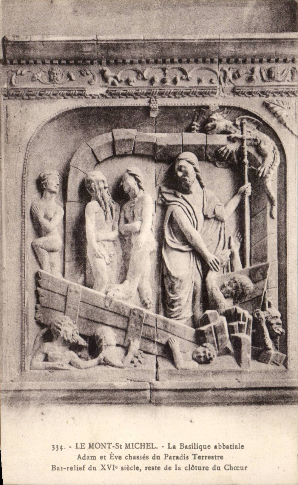 CPA Mont Saint Michel Basilique abbatiale Adam et Eve chasses du Paradis terrestre