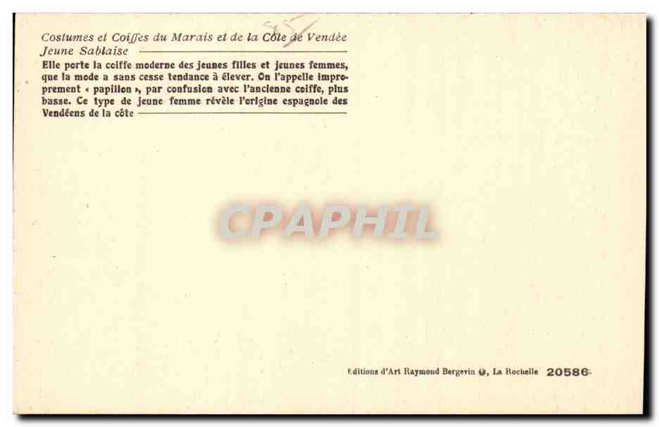 CPA Folklore Coiffe Costume Vendee Femme Jeune sablaise — Verso