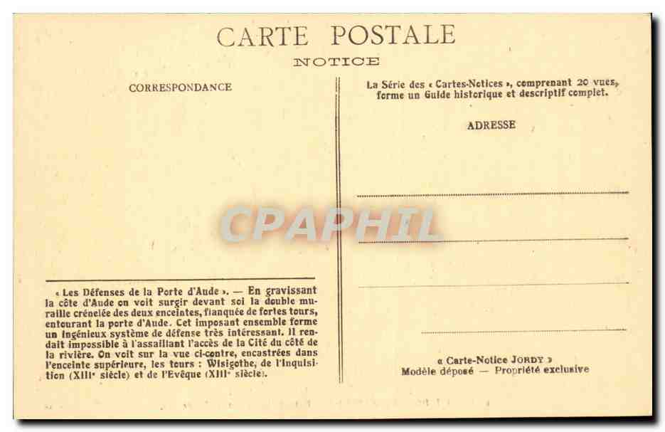 CPA Cite de Carcassonne Defense de la porte d'Aude — Rückseite