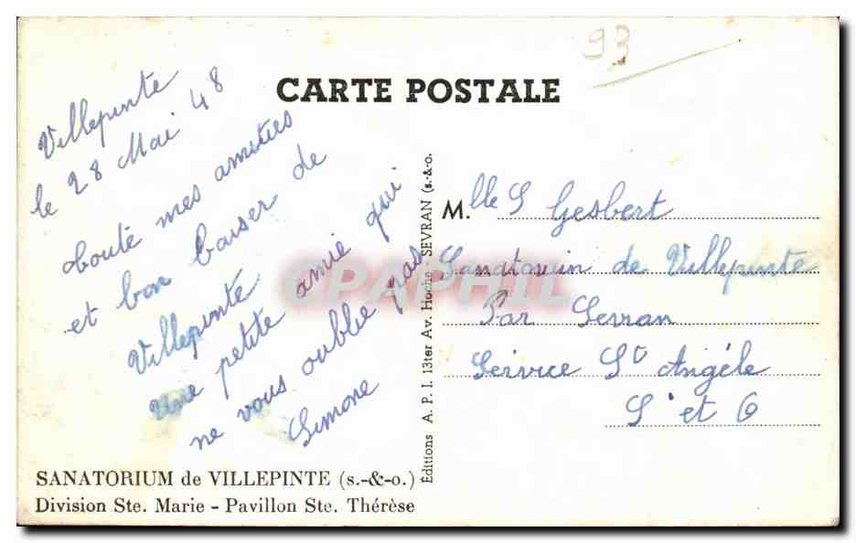 CPSM Sanatorium de Villepinte Division Ste Marie Pavillon Ste Therese — Rückseite