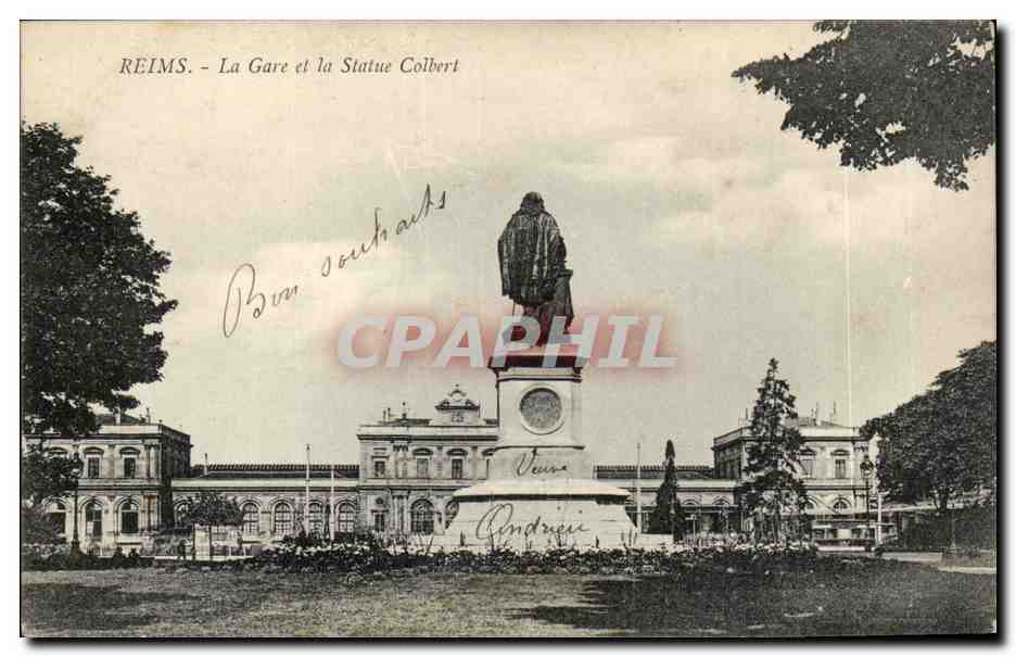 CPA Reims La gare et la statue Colbert
