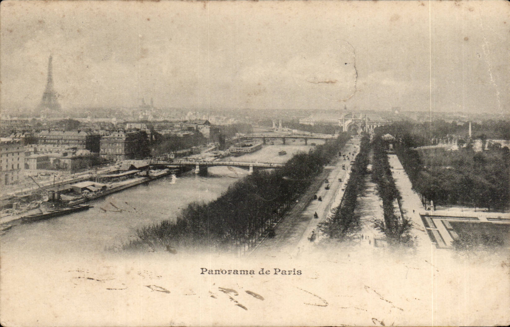 Tarjeta postal antigua París Panorama Torre Eiffel