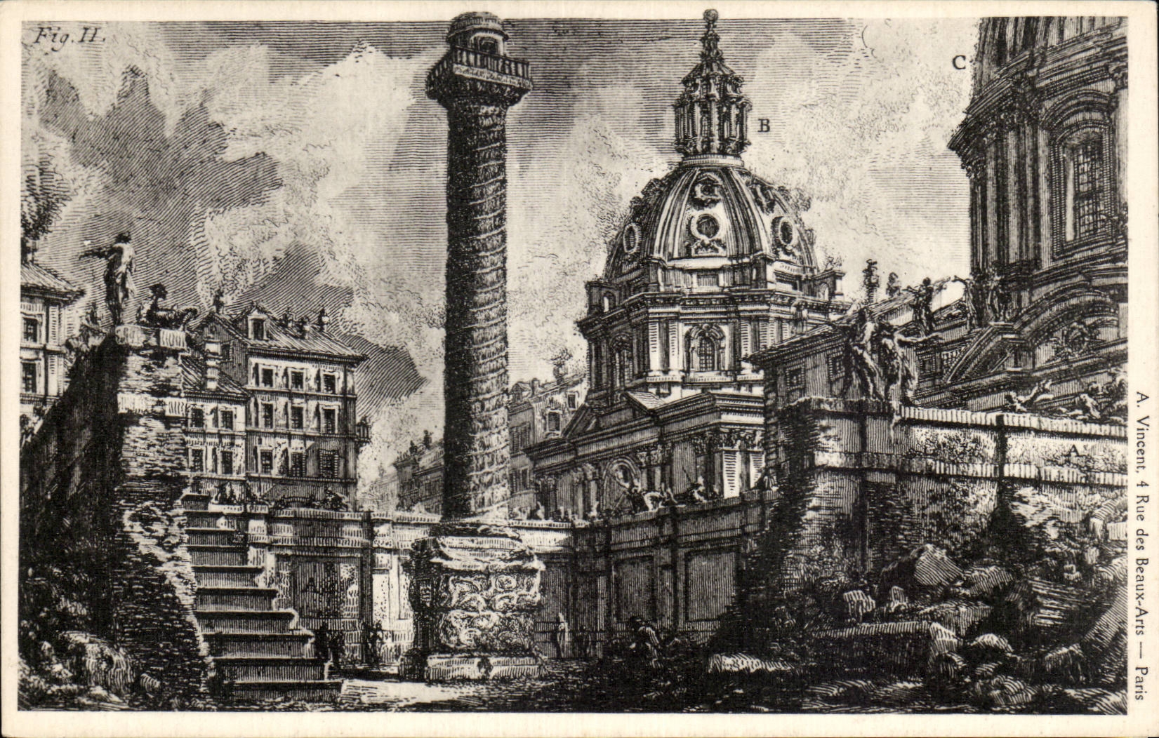 Ausblick auf Rom — Säule Traians und Kirche — A. Vincent, 4 Rue des Beaux-Arts, Paris