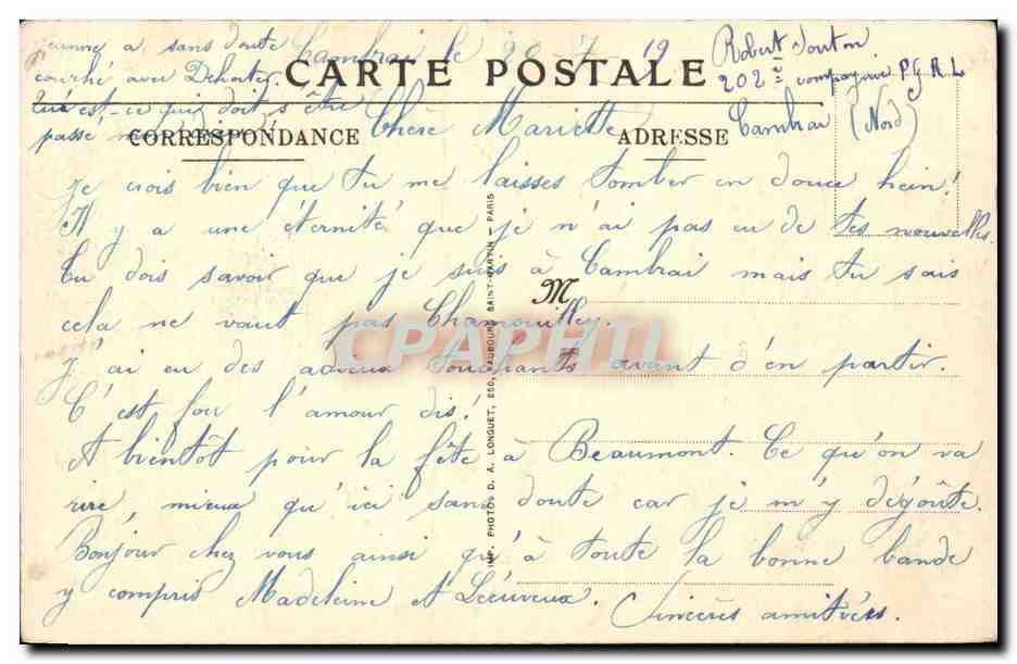 CPA CAmbrai apres la Liberation Le monument Bleriot Aviation Avion — Rückseite