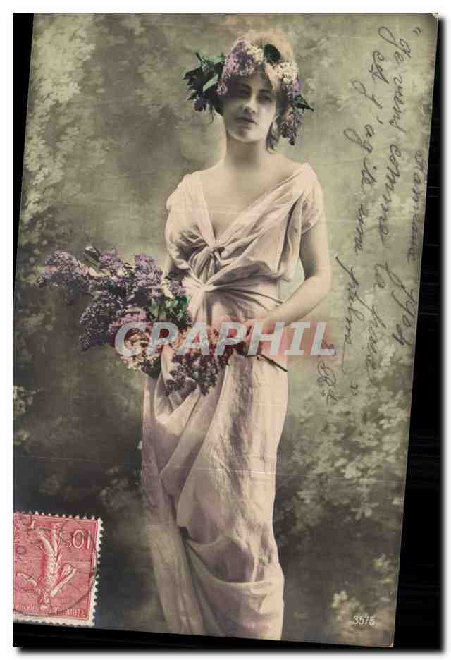 Jeune femme en robe drapée avec couronne et bouquet de lilas — éditeur Graphil, n° 3575