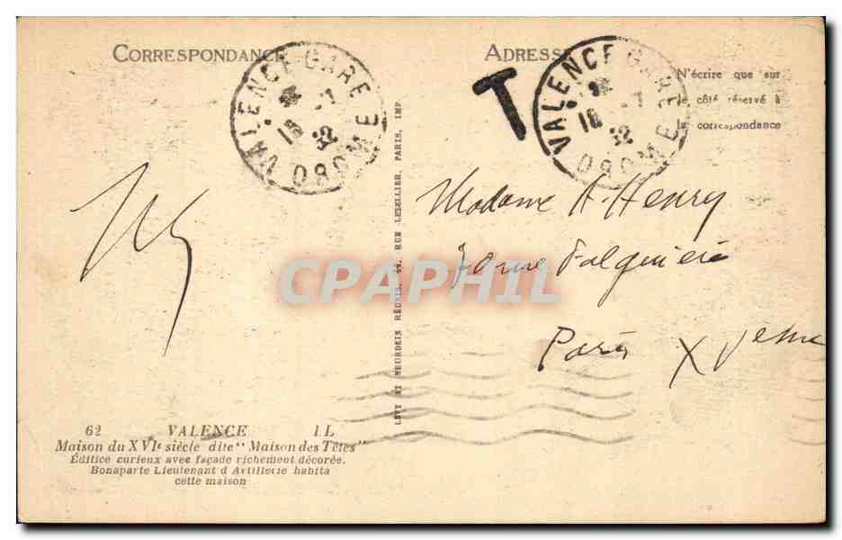 CPA Valence Maison du 16eme dite Masion des Tetes Bonaparte Napoleon — Rückseite