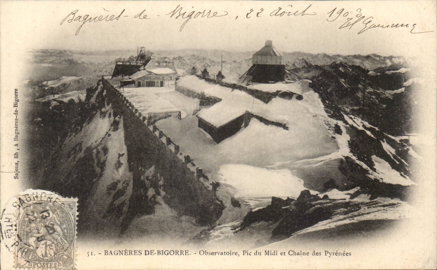 Bagnères-de-Bigorre — Observatoire, Pic du Midi et Chaîne des Pyrénées — Sajous, lib. à Bagnères-de-Bigorre, n° 51