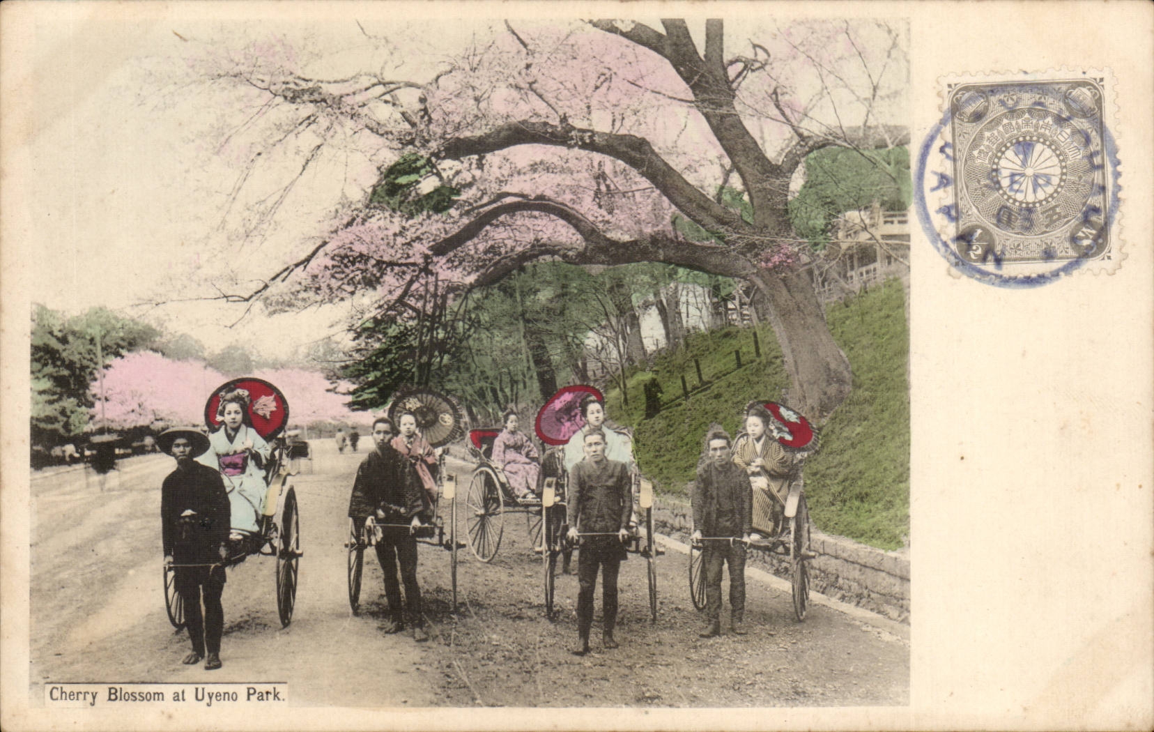 Cherry Blossom at Uyeno Park — scène de rickshaws sous cerisiers — éditeur non identifié