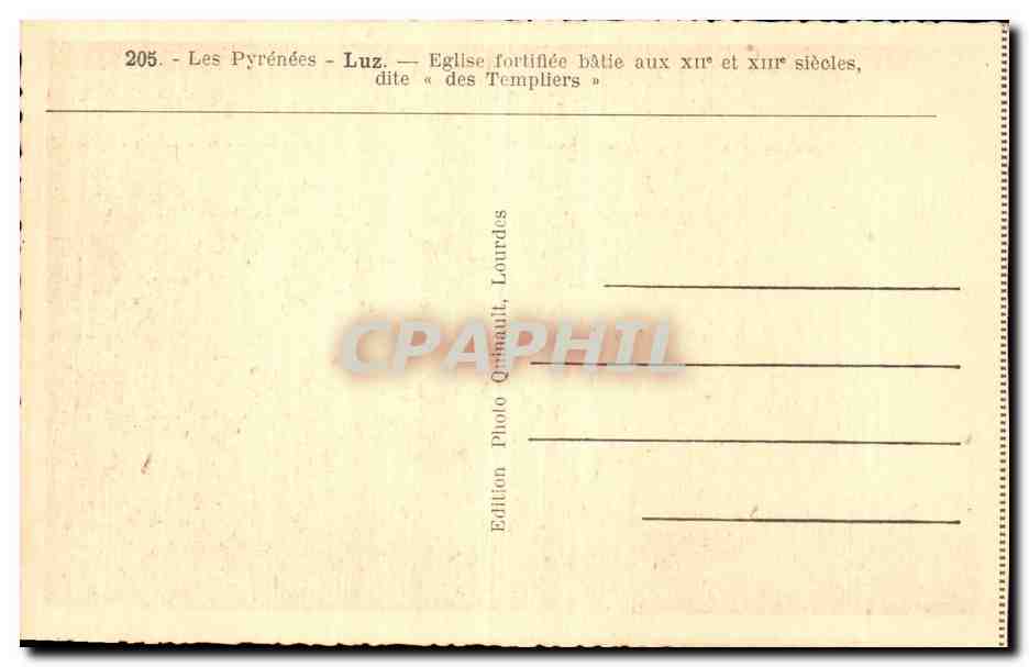 Luz — Église fortifiée des Templiers — Édition Quinault, Lourdes — Verso