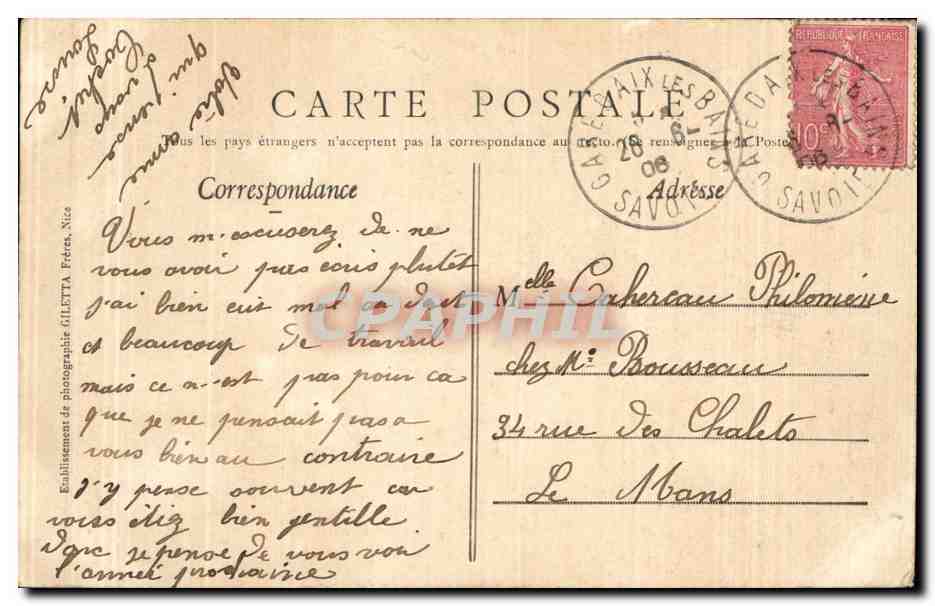 CPA Aix les Bains Gorges du Sierroz Gresy Bateau le Christophe collomb — Verso