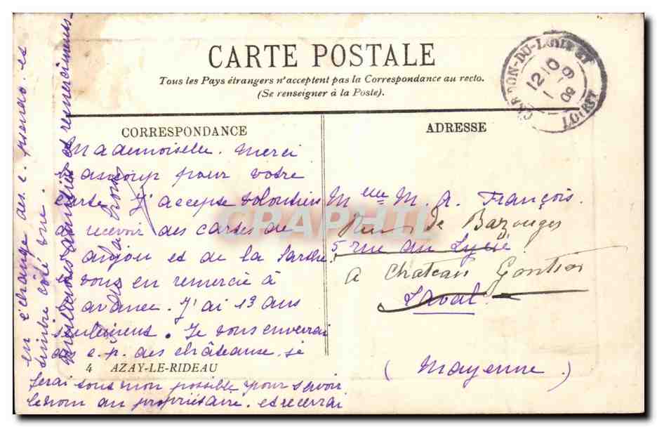 CPA Les chateaux de la loire Le chateau d'Azay le Rideau — Rückseite