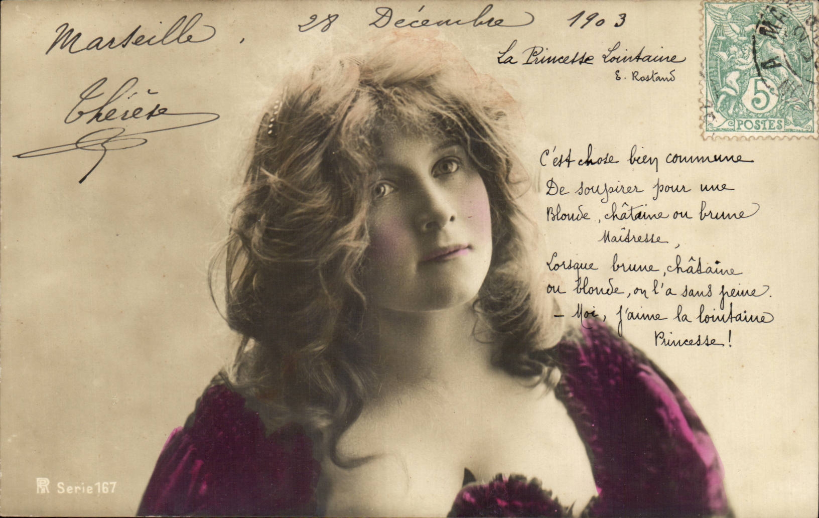 Femme aux cheveux bouclés — La Pinnette Lointaine — Série 167, éditée à Marseille