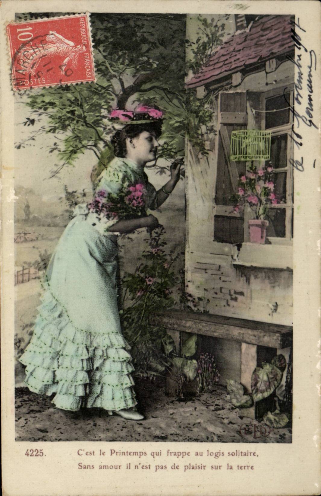 Femme au jardin — Printemps qui frappe au logis solitaire — Éditeur E. D. n° 4225