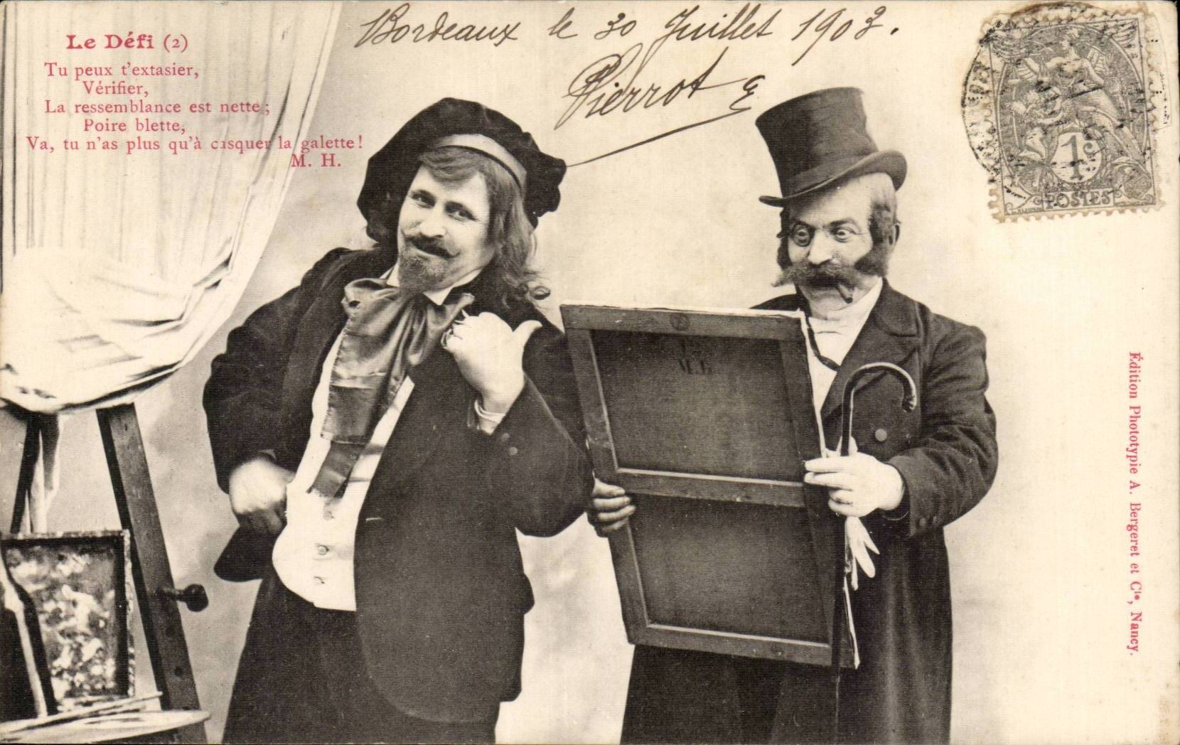 Deux hommes en costume comique — scène de théâtre — éditeur Palition Phototypie A. Bergeret & Cie, Nancy