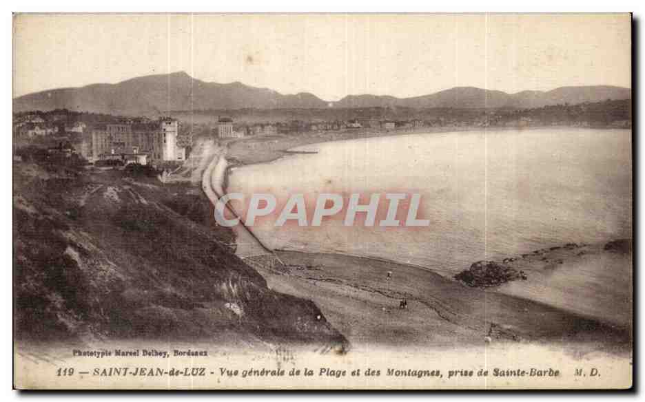 SAINT-JEAN-de-LUZ — Vista generale della Spiaggia e delle Montagne, scattata da Sainte-Barbe — Fototipia Marcel Delhoy, Bordeaux, n° 119