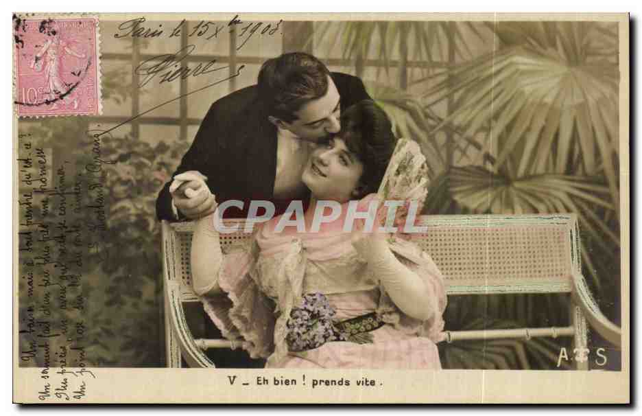 Couple amoureux dans un jardin — éditeur A.S. — n° V