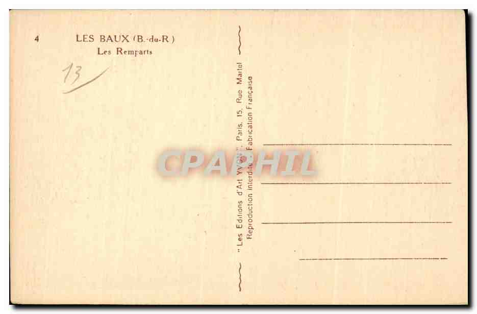 Les Baux (B.-du-R) — Les Remparts — Éditions d'Art Wygant, Paris — Verso