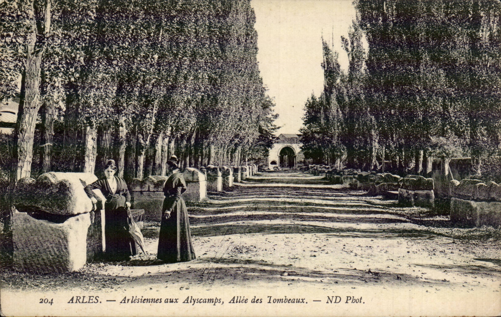 CPA Arles Arlesienne Folklore Costume Arlesiennes aux Alyscamps Allee des tombeaux