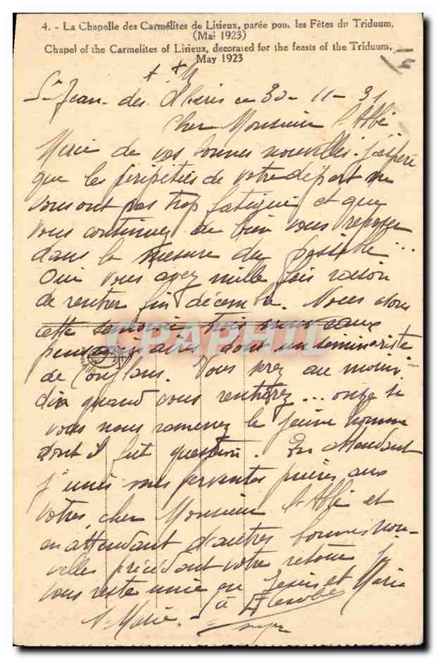 Lisieux CPA La chapelle des Carmelites paree pour les fetes du tRiduum Mai 1923 — Verso