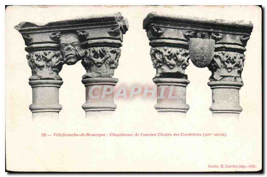 Villefranche-de-Rouergue — Chapiteaux de l'ancien Cloître des Cordeliers (xivᵉ siècle) — E. Carrère, imp.-édit.