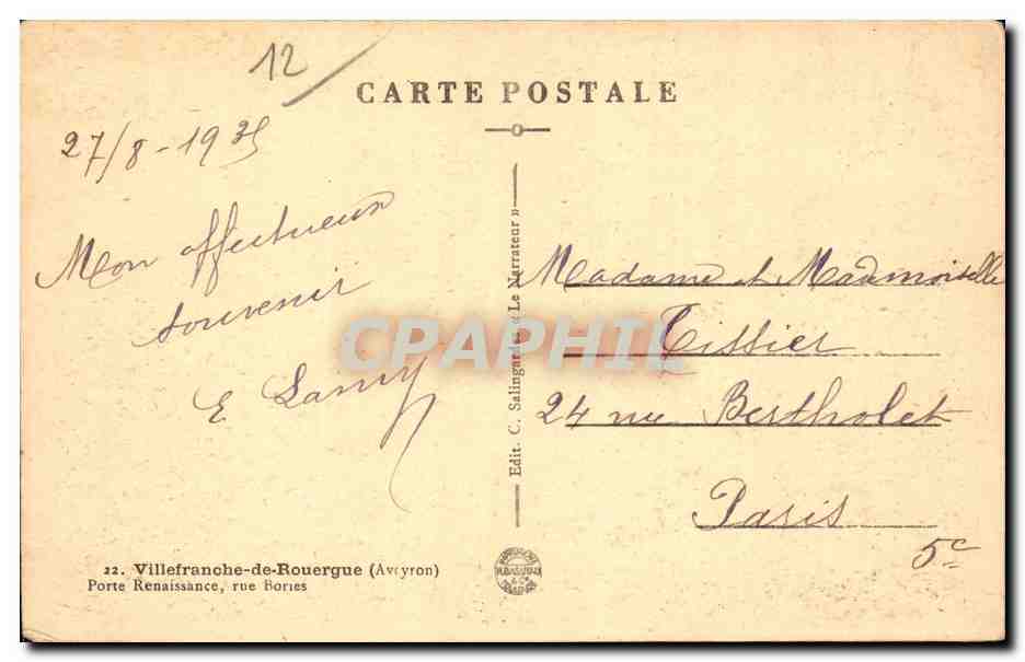 CPA Villefranche de Rouergue Porte Renaissance rue Bories — Rückseite