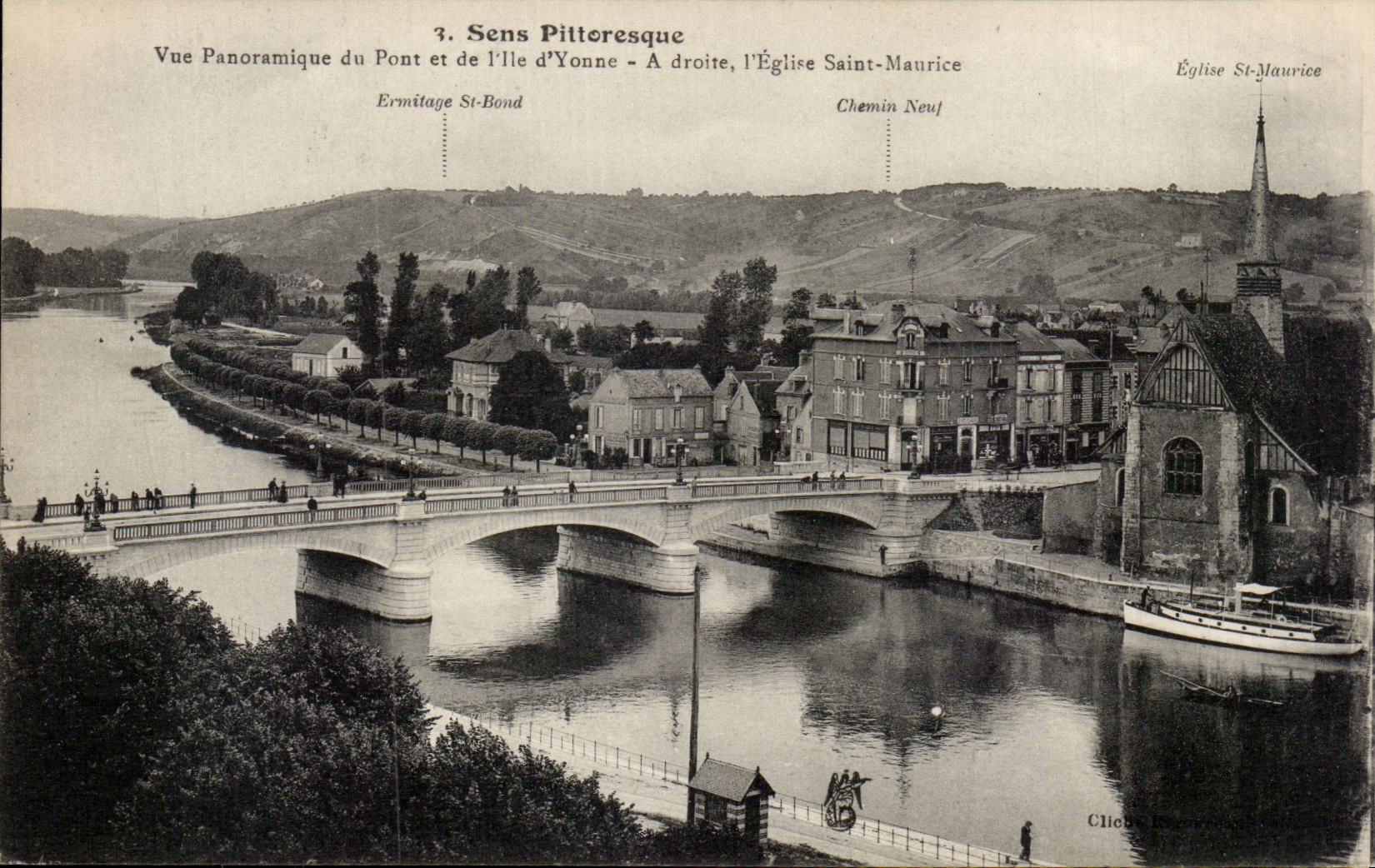 CPA Sens Vue panoramique du pont et de l'ile d'Yonne A droite l'eglise Saint Maurice