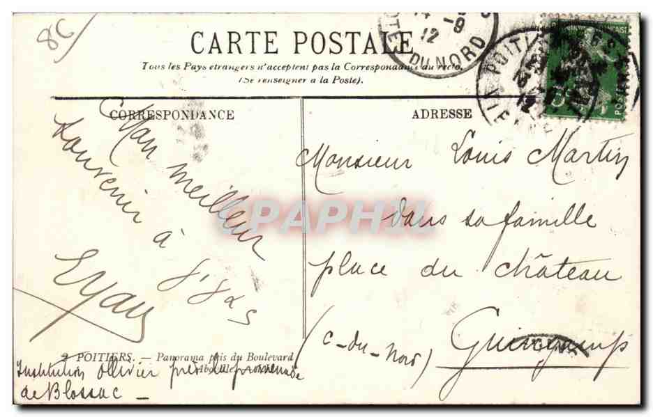 Panorama pris du Boulevard — Poitiers — Éditeur PAPHIL, n°86 — Rückseite