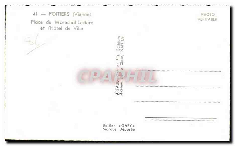 Poitiers — Place du Maréchal-Leclerc et l'Hôtel de Ville — Édition Gaby — Verso