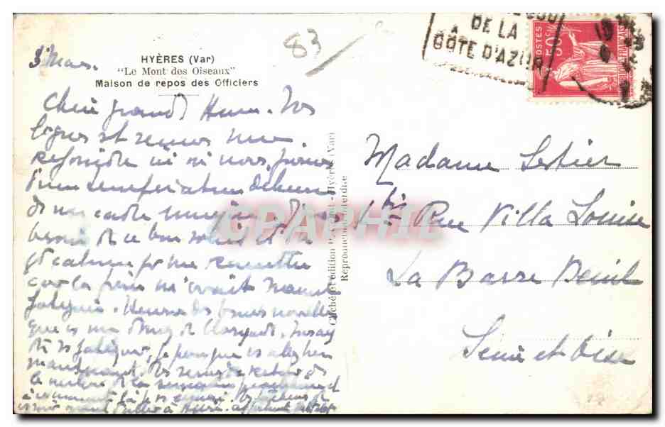 Hyères (Var) — 'Le Mont des Oiseaux' — Maison de repos des Officiers — éditeur 'GRAPHIC' — Verso