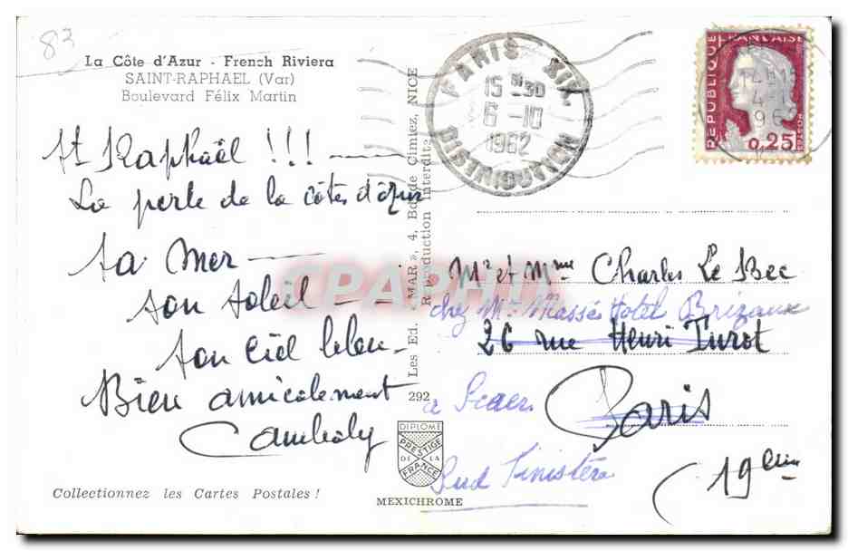 Saint-Raphaël — La Côte d'Azur — Éditeur Mexichrome, n°83 — Rückseite