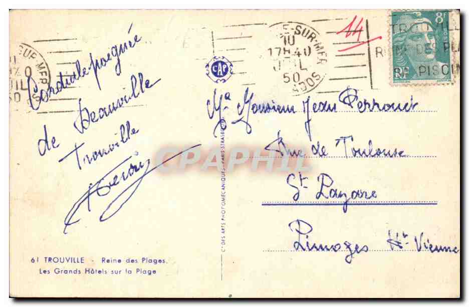 TROUVILLE - Plage et Hôtel Chattham — C. des Arts Photogéniques, n°61 — Verso