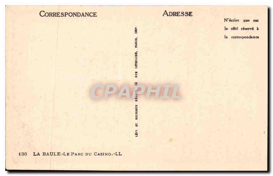 CPA La Baule Le parc du casino — Verso
