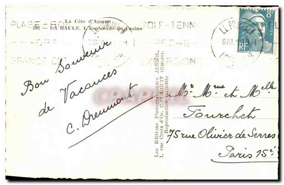 CPA La Baule l'esplanade du casino — Verso