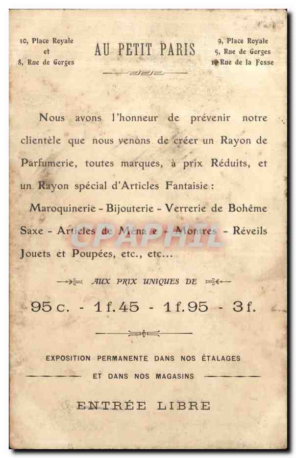 CPA Nantes Plac eRoyale Rues de gorges et de la Fosse — Rückseite