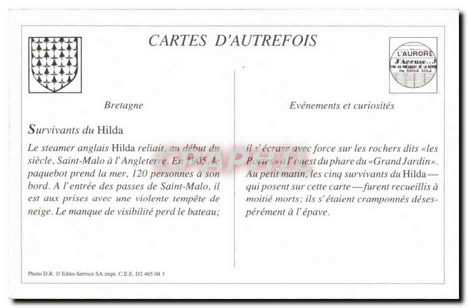 REPRODUCTION Saint Malo Les survivants du Hilda Naufrage le 19 novembre 1905 Bateau — Verso