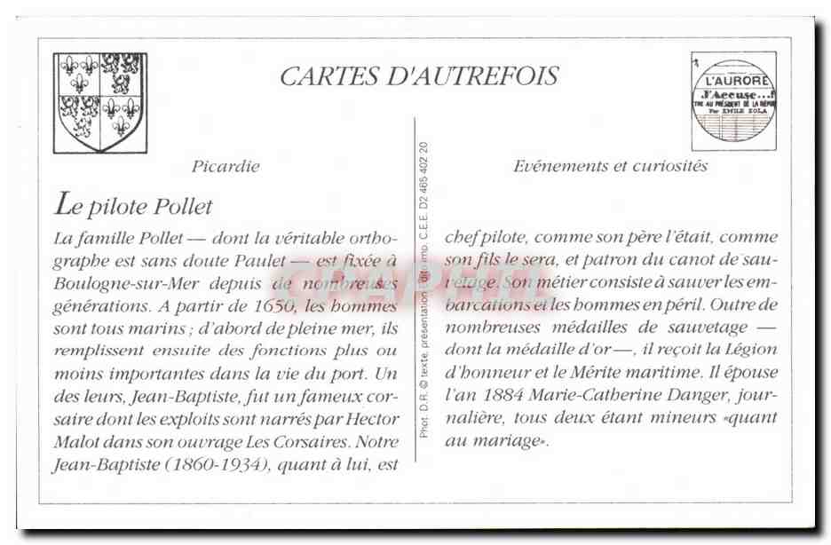 REPRODUCTION Boulogne sur Mer Le pilote Pollet Patron du canot de sauvetage — Verso