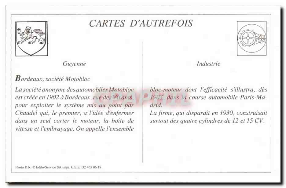 REPRODUCTION Automobiles Motobloc Bordeaux La coulee des CArters — Rückseite