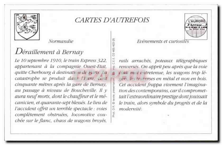 REPRODUCTION DEraillement de l'express de Cherbourg en gare de Bernay La locomotive sous la voie Train — Verso