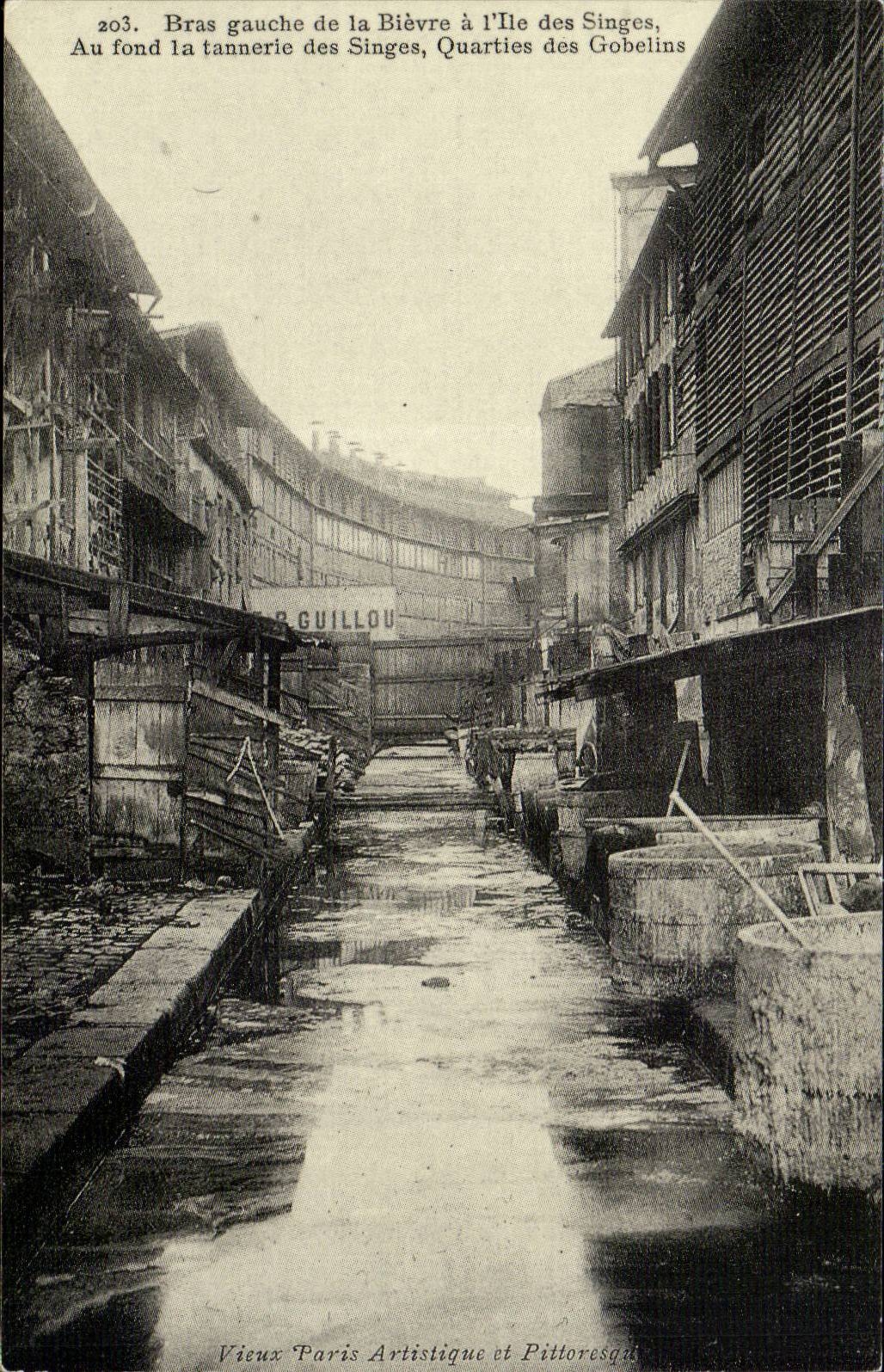 REPRODUCTION Bras gauche de la Bievre a l'ile des singes Au fond la tannerie des singes Quarties des Gobelins Paris 