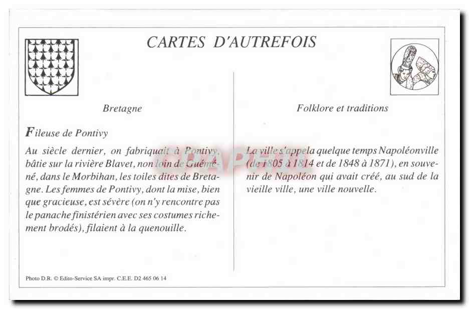 REPRODUCTION Fileuse de Pontivy Etude des coiffes de Bretagne Folklore Metier Artisanat — Rückseite