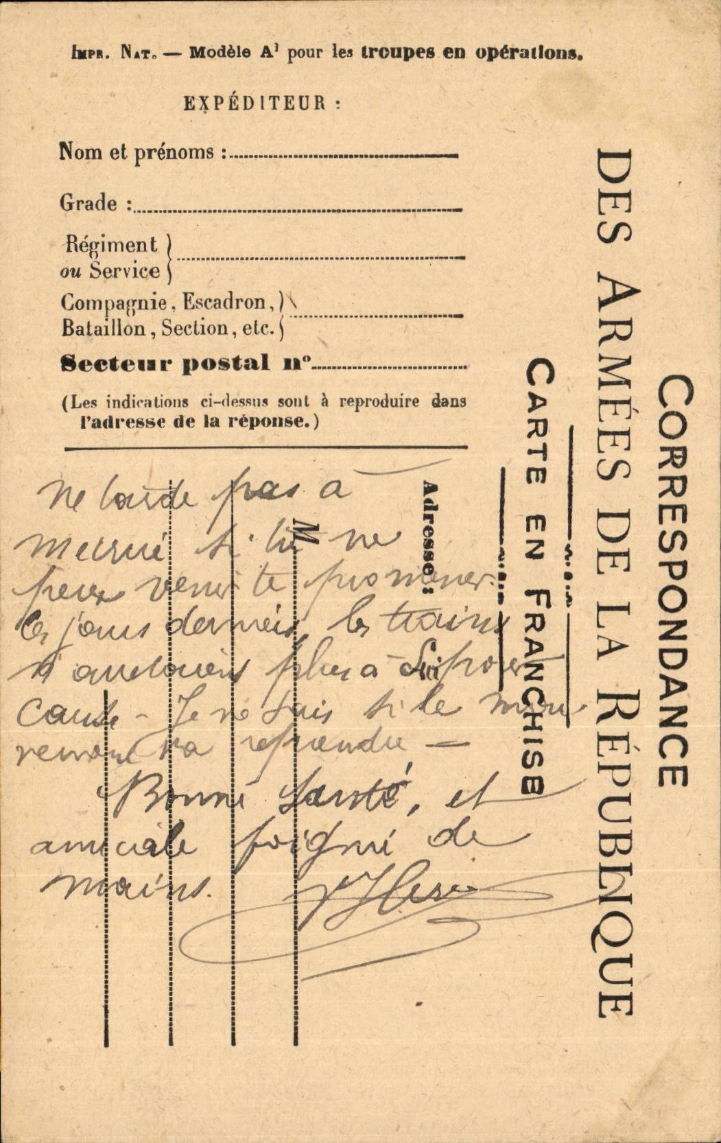 Carte en Franchise militaire ecrite ( sans destinataire ) 