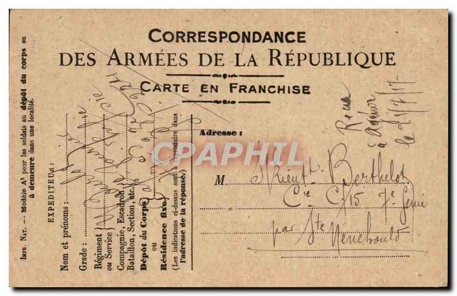 Correspondance des Armées de la République — Carte en franchise — Expéditeur militaire à M. Bertheld