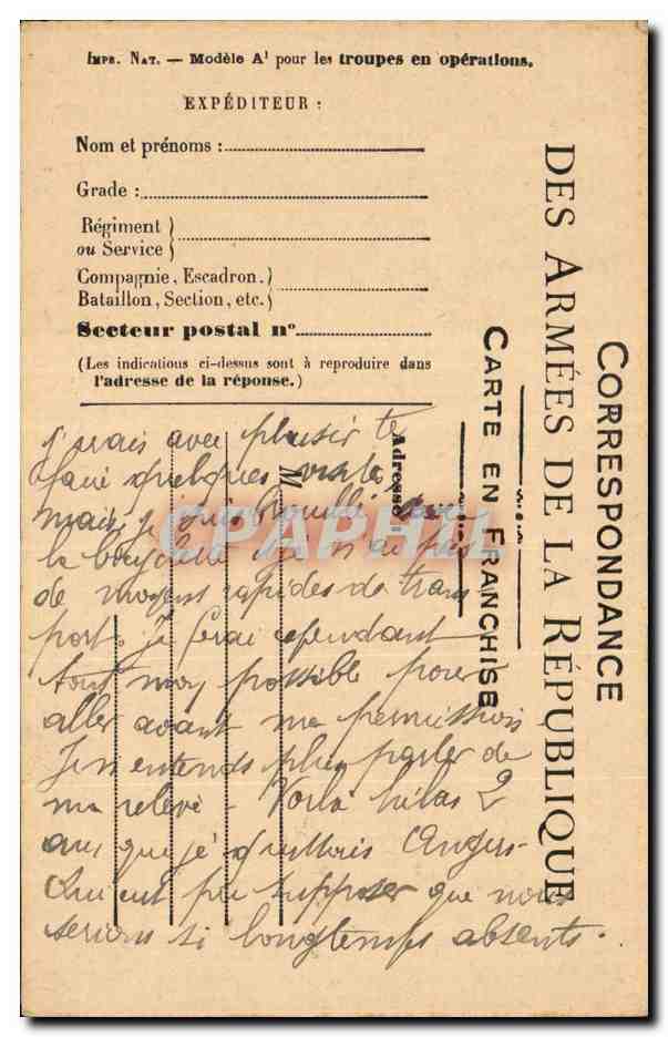 Carte en Franchise militaire ecrite ( sans destinataire ) 