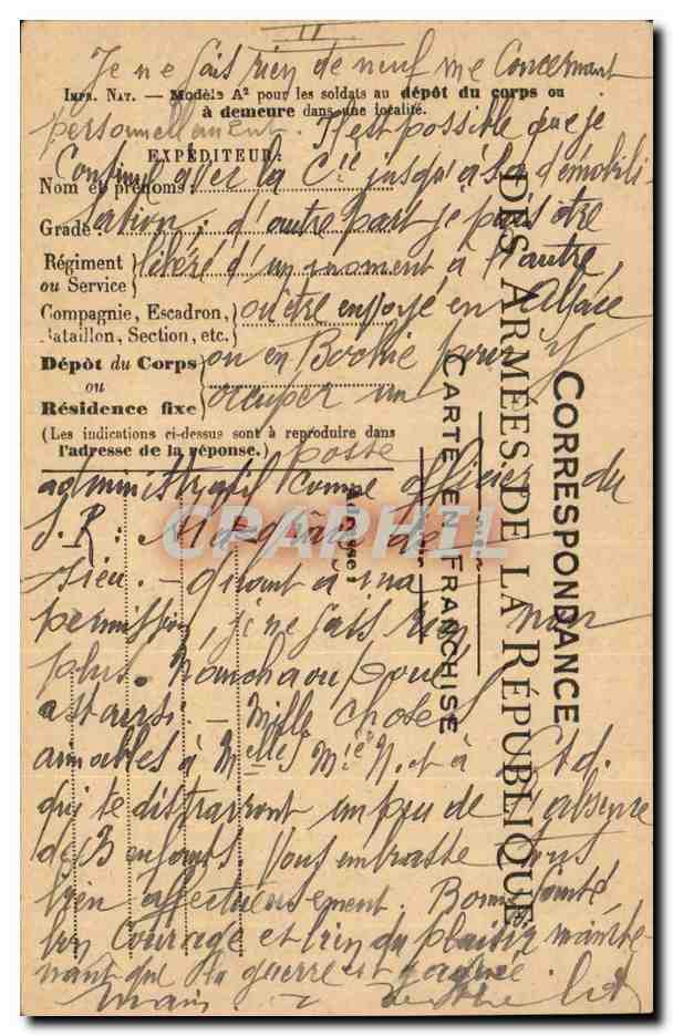 Carte en Franchise militaire ecrite ( sans destinataire ) 