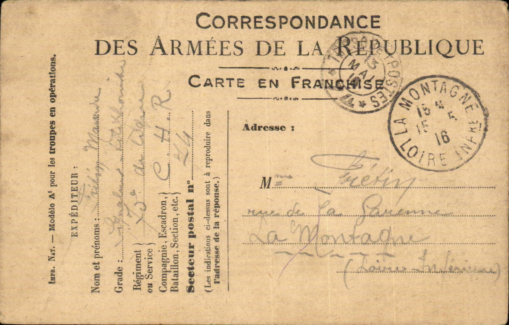 Carte en Franchise militaire Fretin La Montagne Loire inferieure 