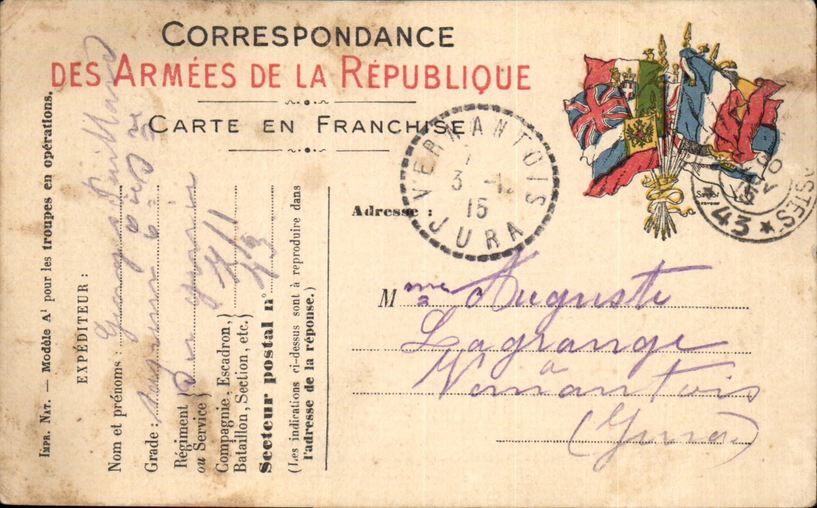 Carte en Franchise militaire Paillard Lagrange Vernantois 