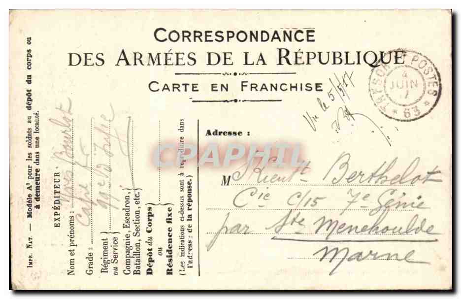 Carte en Franchise militaire Bourlot Berthelot Ste Menehoulde